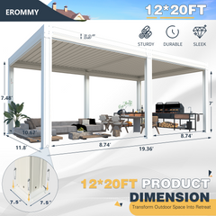 EROMMY 12x20 Large Aluminum Pergola with Louvered Canopy – White