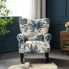 EROMMY Modern Accent Chair,High Back Armchair,Upholstered Fabric Button Single Sofa for Living Room,Bedroom,Blue Leaves