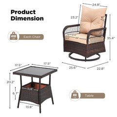 EROMMY 3 Pieces Patio Swivel Rocker Rattan Chairs, Outdoor Swivel Rocking Chairs with 1 Rattan Coffee Table, Beige-Erommy