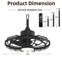 EROMMY  20'' Outdoor Waterproof Plug In IP65 Gazebo Fan with Light and Remote Control, 6 Speeds, Dimmable LED, Reversible, for Patios, Pergola, Deck, Coastal Areas, Black