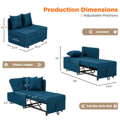 EROMMY 3 IN 1 Futon Sofa Bed Convertible Recliner Lounge for Living Room with Reclining Backrest, Linen, Peacock Blue