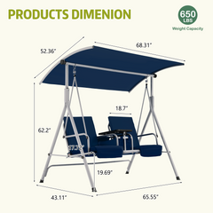 EROMMY 2 Person Porch Swing, Outdoor Swing with Pivot Storage Table, Cooler Bag, 2 Cup Holders, Removable Cushions, Patio Swing with Canopy for Backyard Balcony Poolside (Navy Blue)