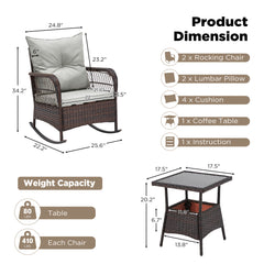 EROMMY 3 pcs Rocking Bistro Set, Outdoor PE Rattan Rocking Chairs with Tempered Glass Coffee Table, Gray