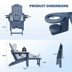 EROMMY 3-Level  Adjustable Adirondack Chair with Retractable Ottoman, Folding HDPE Outdoor Chair with Cup Holders, Navy Blue