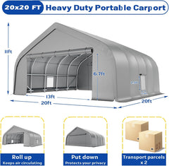 EROMMY 20x20 FT Heavy Duty Durable Carport, Galvanized Steel Frame Garage Shelter and Outdoor Storage, Waterproof 3-Layer PE Cover, Fits 2 Cars, Boat, Farm Equipment, Silver Gray