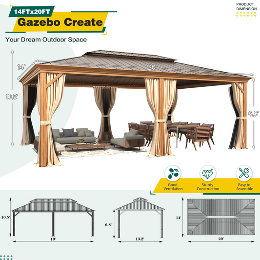 EROMMY 14' x 20' Luxury Hardtop Gazebo, Wooden Finish Coated Aluminum Frame Canopy with Double Galvanized Steel Roof, Outdoor Permanent Metal Pavilion