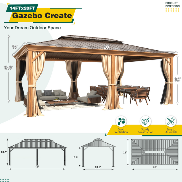 10'x13' Patio Hardtop Gazebo Galvanized Steel with Netting & Curtains ...