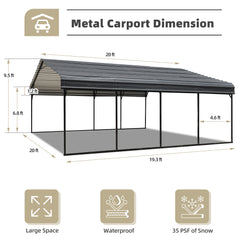 EROMMY 20'x20' Metal Carport, Heavy Duty Carport with Galvanized Steel Roof, Metal Outdoor Carport Canopy for 2 Cars, Truck, Boat and SUV