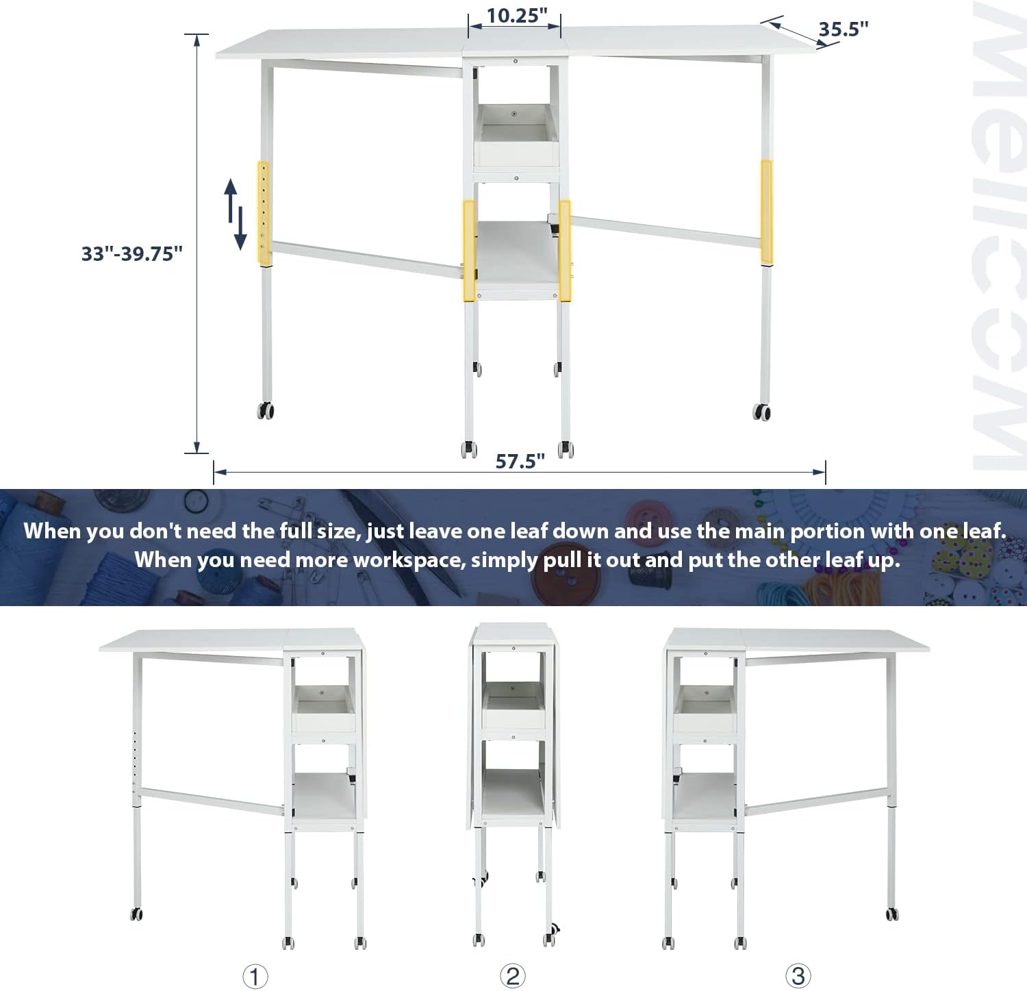 EROMMY Height Adjustable Craft Table with Storage Shelves, Mobile Fold ...