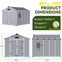 8x10 FT Outdoor Storage Shed, Weather-Resistant Shed with Lockable Double Doors & Built-In Floor, Sloped Roof Outdoor Shed for Backyard, Patio & Lawn, Gray