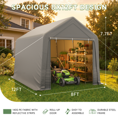 EROMMY 8 x 12 FT Carport Storage Shed, Outdoor Motorcycle Shed with Roll-Up Zipper Door & Vent, UV-Resistant Carport for Motorcycle, Firewood, Tools,Grey