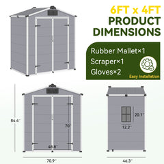 6x4 FT Outdoor Storage Shed, Weather-Resistant Shed with Lockable Double Doors & Built-In Floor, Sloped Roof Outdoor Shed for Backyard, Patio & Lawn, Gray