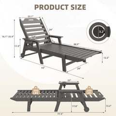 EROMMY 24" W Oversized Chaise Lounge Chairs Set of 2, Adjustable HDPE Outdoor Chairs with Wheels & Cup Holder, Dark Grey