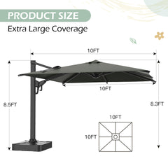 EROMMY 10x10ft Large Rectangular Cantilever Umbrella with 360° Rotation & 6 Adjustable Heights, Outdoor Patio Umbrella for Garden, Pool, Deck,Gray