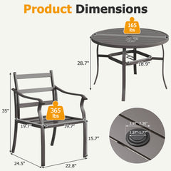 EROMMY 5-Piece Round Patio Dining Set, 4 Metal Slat Chairs & Table w/ Umbrella Hole