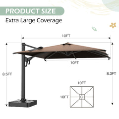 EROMMY 10x10ft Large Rectangular Cantilever Umbrella with 360° Rotation & 6 Adjustable Heights, Outdoor Patio Umbrella for Garden, Pool, Deck，Brown