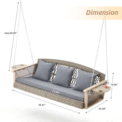 EROMMY 3 Seats Porch Swing Hanging Bench Swing Lounge Front Rattan Swing for Garden, Balcony, Gray