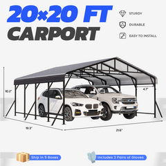 EROMMY 20x20 FT Heavy Duty Metal Carport with Reinforced Steel Braces & Galvanized Steel Roof and Frame, Sturdy Car Shed in All Weathers, Easy Assembly Car Shelter for 2 Cars, SUV, Tractors and Boat