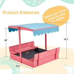 EROMMY Kids Sandbox with Cover, Wooden with Height Adjustable Roof,for Aged 3-8, for Backyard, Beach, Lawn, Pink