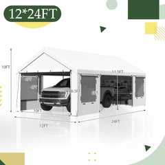EROMMY 12' x 24' Heavy Duty Carport，Portable Garage with UV Protection & Steel Frame, Car Port with Removable Sidewalls, All-Season Car Canopy for Tractor, Truck, Boat, White