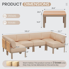 EROMMY 7 Pieces Patio Sectional Furniture Set, Aluminum Frame Outdoor Conversation Set with 6" Thick Cushions & Coffee Table, Beige