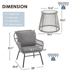 EROMMY 3-Piece Patio Conversation Bistro Set, Outdoor All-Weather Rattan Furniture Set with Tempered Glass Top Table & 2 Wide Ergonomic Armchairs, Seat Cushions for Porch, Backyard, Gray