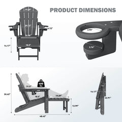 EROMMY 3-Level  Adjustable Adirondack Chair with Retractable Ottoman, Folding HDPE Outdoor Chair with Cup Holders, Gray
