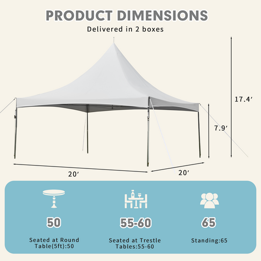 EROMMY 20x20ft Party Tent, Outdoor Wedding Tent, Heavy Duty Peaked Frame Canopy with Fire Retardant PVC Top, 80 Person Capacity, Gazebo Shelter Tent for Event Commercials, White