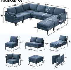 EROMMY Modern U Shaped 6-seat Sectional Sofa Couch, Convertible Chenille Modular Sofa with Chaise Lounge and Ottoman, Blue