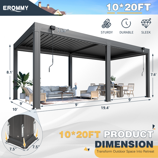 EROMMY 10×20 FT Louvered Pergola with 6-Panel Pull-Down Screen, Aluminum Pergola with Adjustable Rainproof Roof for Patio, Lawn & Garden, Dark Gray