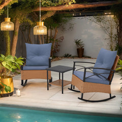 EROMMY 3-Piece Outdoor Bistro Set, Rattan Rocking Chairs with Cushions & Coffee Table
