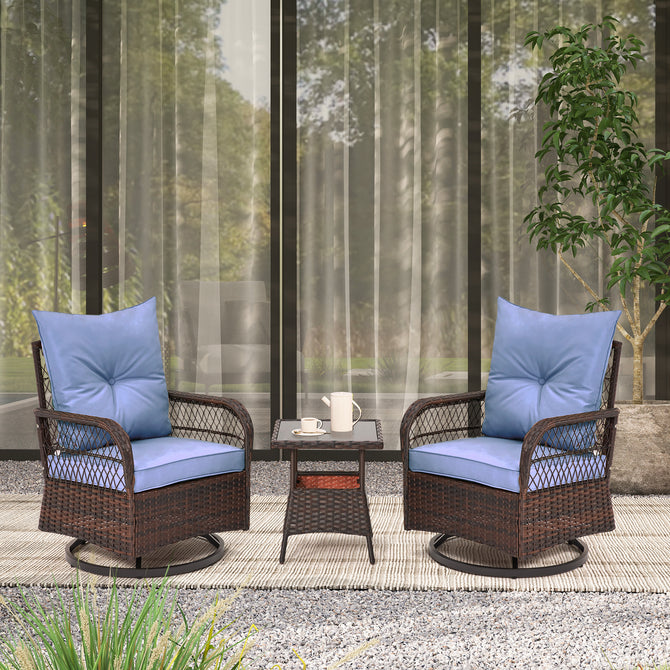 EROMMY 3 Pieces Patio Swivel Rocker Rattan Chairs, Outdoor Swivel Rocking Chairs with 1 Rattan Coffee Table, Blue-Erommy