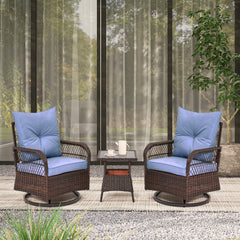 EROMMY 3 Pieces Patio Swivel Rocker Rattan Chairs, Outdoor Swivel Rocking Chairs with 1 Rattan Coffee Table, Blue-Erommy