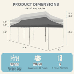 EROMMY 10' x 30' Pop Up Canopy Tent, Commercial Instant Canopy Heavy Duty with Roller Bag, 8 Sand Bags, 8 Wind Ropes & Ground Nails, Outdoor Canopies for Events, Parties and Camping, Gray