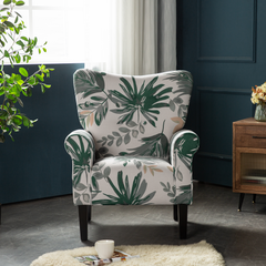 EROMMY Mid Century Wingback Arm Chair, Modern Upholstered Fabric, Green Leaves