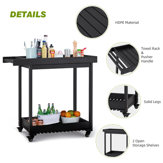 EROMMY 2-Tier Kitchen Cart Island, HDPE Rolling Kitchen Island, Kitchen Carts on Wheels with Storage and Handle, Black