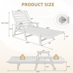 EROMMY 24" W Oversized Chaise Lounge Chairs Set of 2, Adjustable HDPE Outdoor Chairs with Wheels & Cup Holder, White