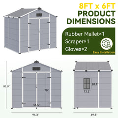 8x6 FT Outdoor Storage Shed, Weather-Resistant Shed with Lockable Double Doors & Built-In Floor, Sloped Roof Outdoor Shed for Backyard, Patio & Lawn, Gray
