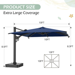 EROMMY 10x10ft Large Rectangular Cantilever Umbrella with 360° Rotation & 6 Adjustable Heights, Outdoor Patio Umbrella for Garden, Pool, Deck, Navy