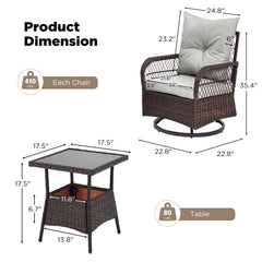 EROMMY 3 Pieces Patio Swivel Rocker Rattan Chairs, Outdoor Swivel Rocking Chairs with 1 Rattan Coffee Table, Gray-Erommy