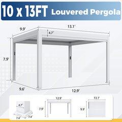 EROMMY 10' x 13' Outdoor Pergola with LED Lights, Aluminum Gazebo with Motorized Louvers & Side Screens for Patio, Backyard & Poolside, White
