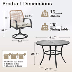 EROMMY 5-Piece Outdoor Dining Set, 4 Swivel Rattan Chairs with Thick Removable Cushions, Round Dining Table with Umbrella Hole