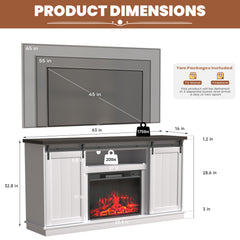 EROMMY 63 Inch Fireplace TV Stand with Electric Fireplace, Sliding Barn Doors, LED Flame Effect, Bright White