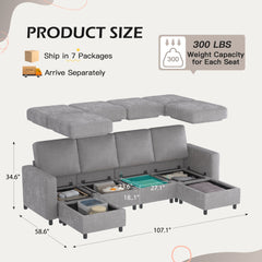 EROMMY Modular Single Seat Sofa with Storage, Chenille Cover, Washable, Light Gray