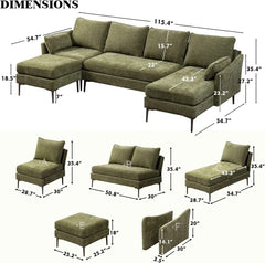 EROMMY Modern U Shaped 4-seat Sectional Sofa Couch, Convertible Chenille Modular Sofa, Reversible Sleeper Couch with Chaise Lounge, Green