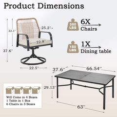 EROMMY 7-Piece Outdoor Dining Set, 6 Swivel Rattan Chairs with Thick Removable Cushions, Rectangular Dining Table with Umbrella Hole