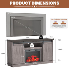 EROMMY Fireplace TV Stand with Sliding Barn Door, Fits TVs Up to 73", Farmhouse 63" Fireplace Entertainment Center, Teak