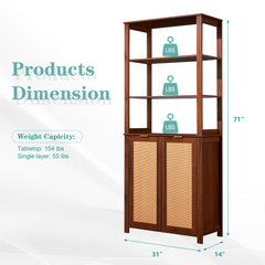 EROMMY Rattan Bookcase with cabinet, Heavy Duty Freestanding Bookcase With Storage Open Display, Walnut Brown