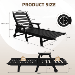 EROMMY 22" W Oversized Chaise Lounge Chairs, Adjustable HDPE Outdoor Chairs with Wheels & Cup Holder, Black