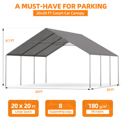 EROMMY 19.2x19.5 Heavy Duty Carport with Waterproof & UV Protected Garage Top Tarp Shelter Cover, Grey